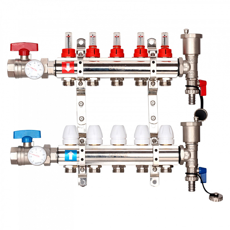 Коллектор регулируемый с расходомерами Gappo G421.5 5-вых. x1"x3/4" - gappo-rus.ru
