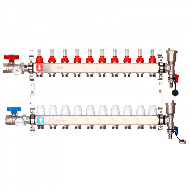 Коллектор регулируемый с расходомерами Gappo G422.10 10-вых. x1"x3/4" - gappo-rus.ru