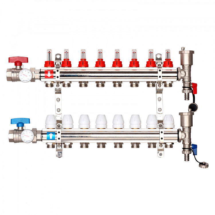 Коллектор регулируемый с расходомерами Gappo G421.8 8-вых. x1"x3/4" - gappo-rus.ru