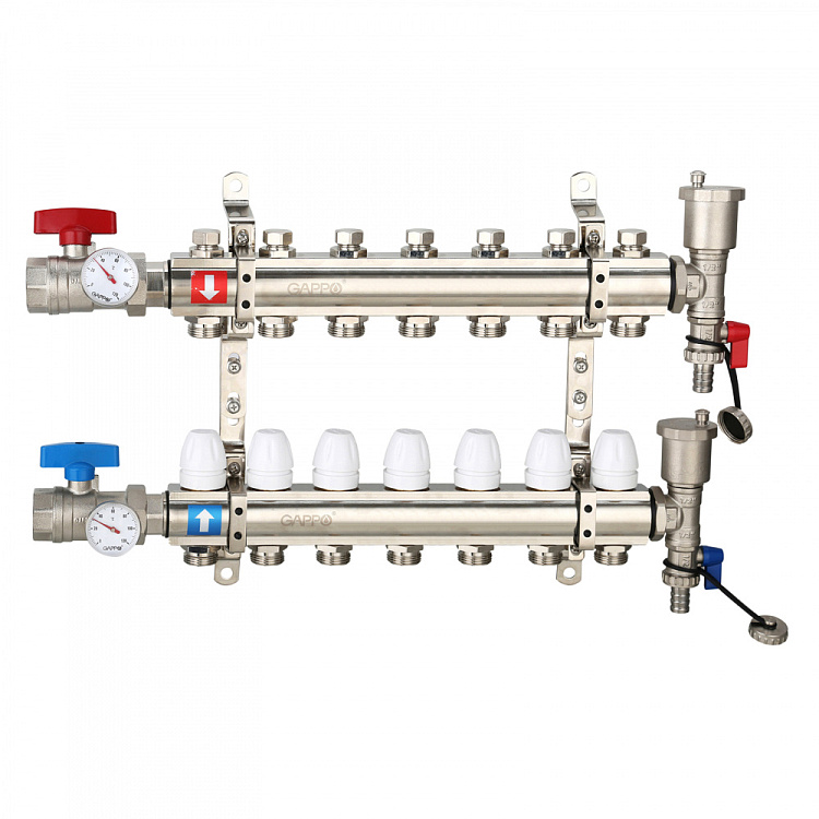 Коллектор регулируемый с запорными клапанами Gappo G425.7 7-вых.x1"x3/4" - gappo-rus.ru