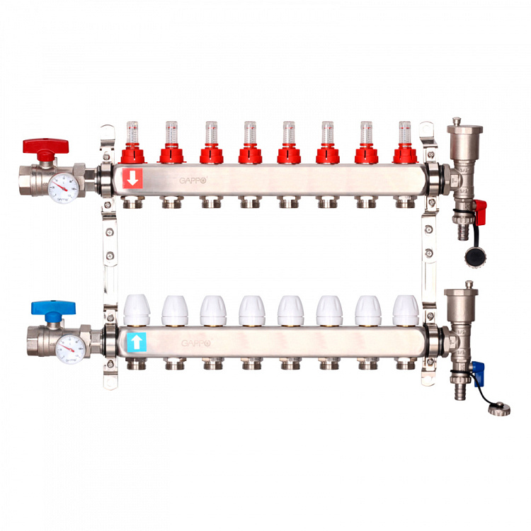 Коллектор регулируемый с расходомерами Gappo G422.8 8-вых. x1"x3/4" - gappo-rus.ru