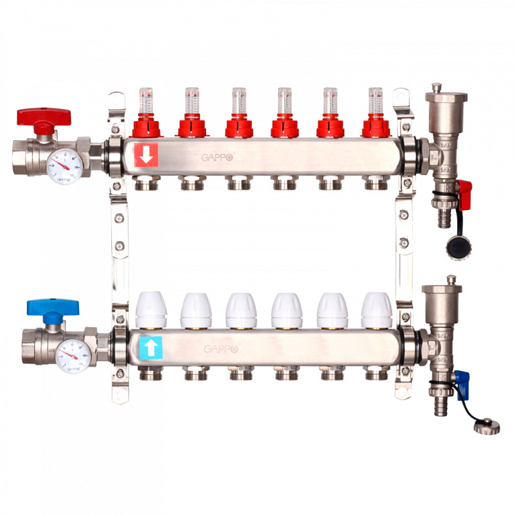 Коллектор регулируемый с расходомерами Gappo G422.6 6-вых. x1"x3/4" - gappo-rus.ru