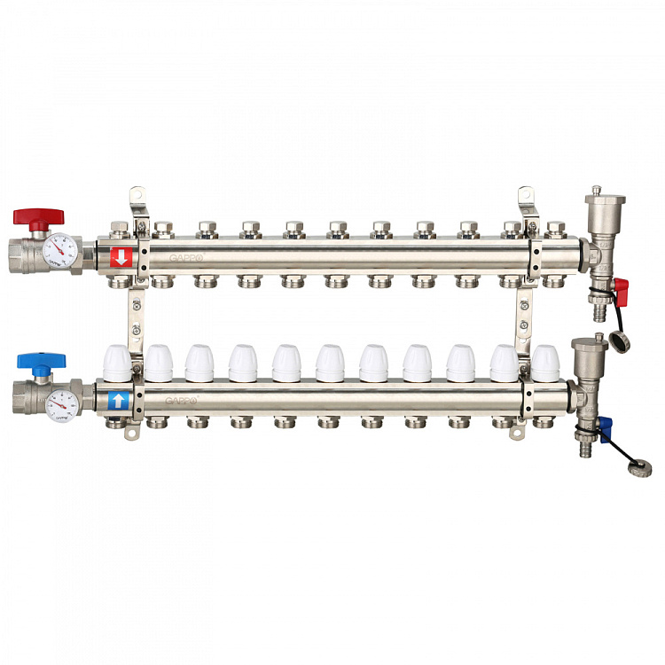 Коллектор регулируемый с запорными клапанами Gappo G425.11 11-вых.x1"x3/4" - gappo-rus.ru