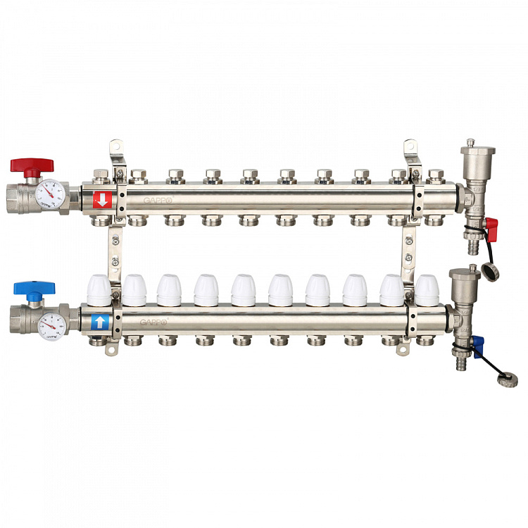 Коллектор регулируемый с запорными клапанами Gappo G425.10 10-вых.x1"x3/4" - gappo-rus.ru