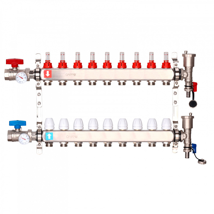 Коллектор регулируемый с расходомерами Gappo G422.9 9-вых. x1"x3/4" - gappo-rus.ru